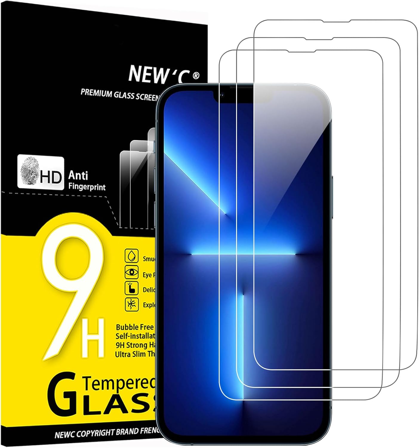 NEW'C 3 Pack Designed for iPhone 13 Pro Max, iPhone 14 Plus Screen Protector (6.7&amp;quot;), Tempered Glass, Case Friendly Bubble Free Ultra Resistant