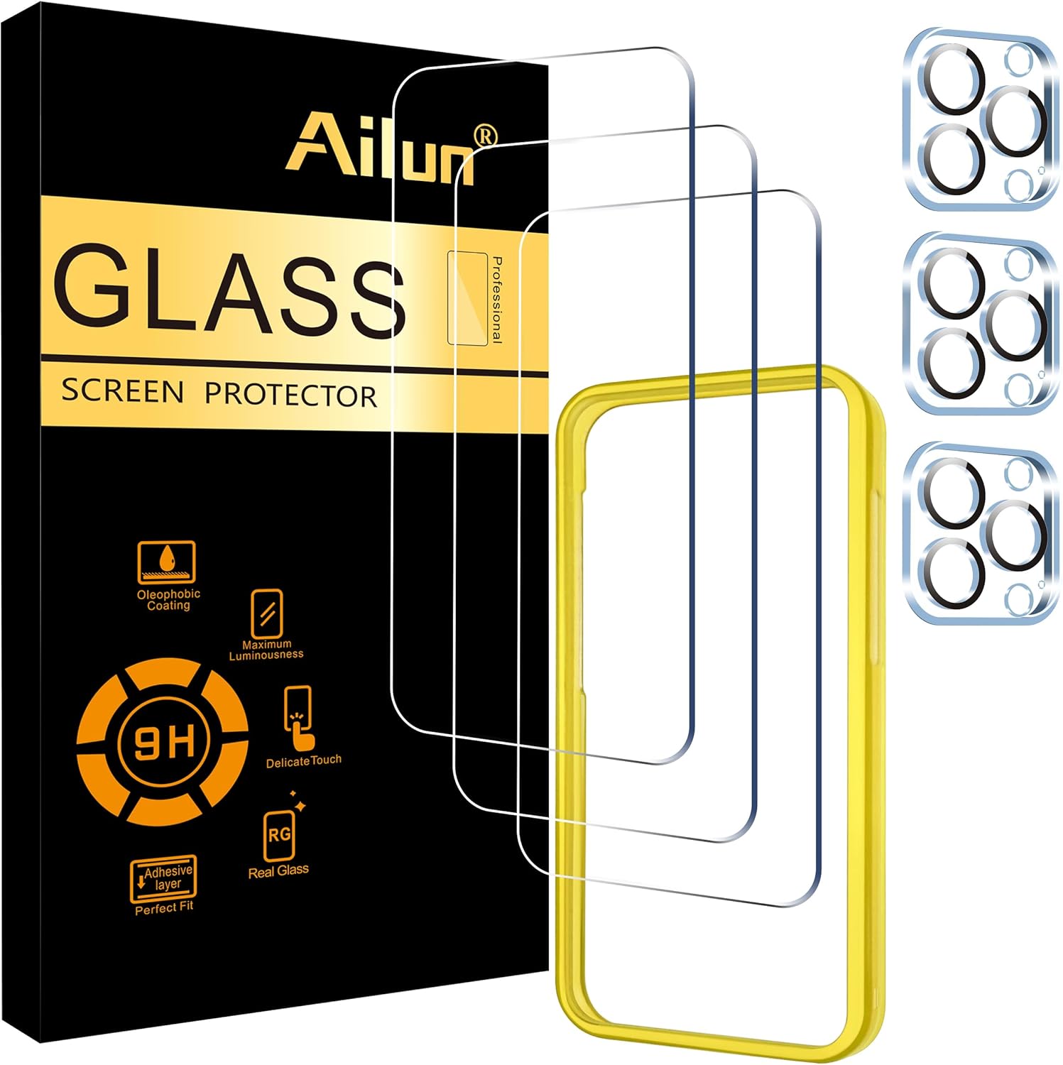 Ailun 3 Pack Screen Protector for iPhone 15 Pro [6.1 inch] + 3 Pack Camera Lens Protector with Installation Frame,Case Friendly Tempered Glass Film,[9H Hardness